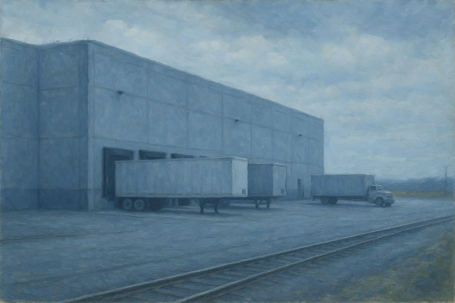A low warehouse beside a rail spur on open plains at evening, painted